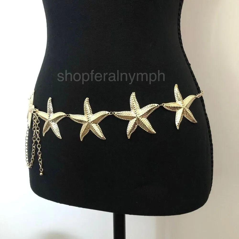 Vintage Y2K Mermaidcore Gold Starfish Chain Belt, Fits 13–44 Inches, X7GA1161